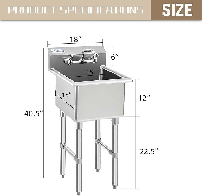 HALLY Commercial Stainless Steel Sink 1 Compartment NSF Prep & Utility Sink - Image 2