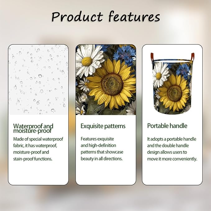Laundry Baskets 15.7x19.7 Inch Large Vintage Sunflower Daisy Blue Wildflower - Image 2