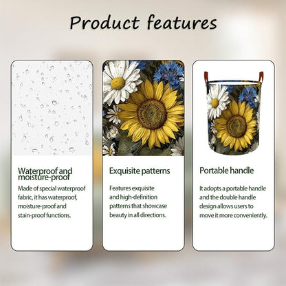 Laundry Baskets 15.7x19.7 Inch Large Vintage Sunflower Daisy Blue Wildflower - Image 2