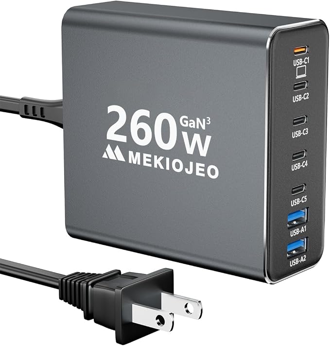 Aluminum Alloy 260W USB C Charger GaN Fast USB C Charging Station 7 Ports | 65W by MEKIOJEO