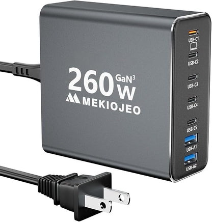 Aluminum Alloy 260W USB C Charger GaN Fast USB C Charging Station 7 Ports | 65W by MEKIOJEO