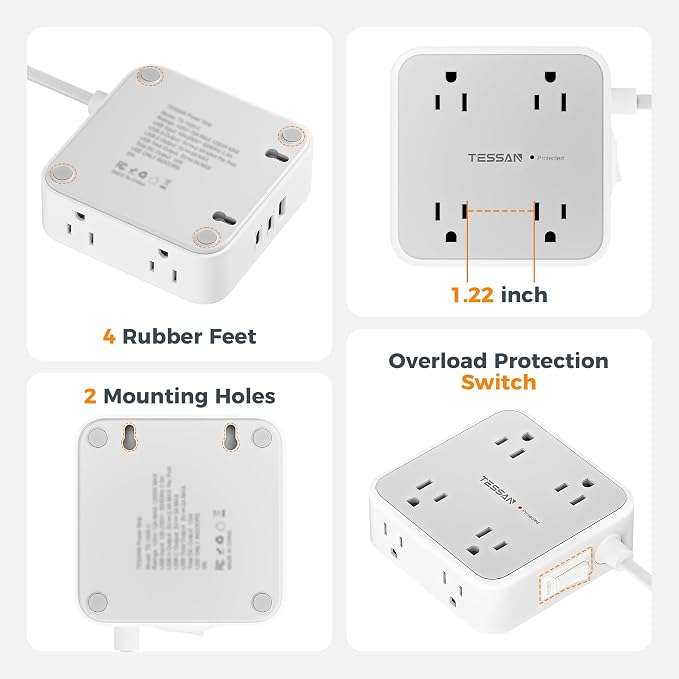 Surge Protector Power Strip, TESSAN Flat Plug Extension Cord - Image 6