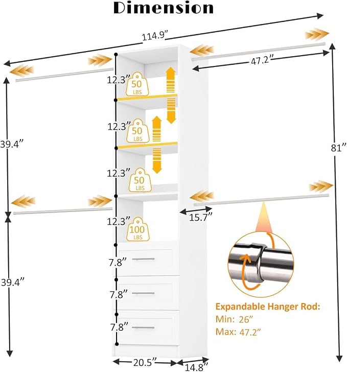 Closet Organizer System with Drawers, Wall Mounted 5FT-9FT White | 3 Wooden - Image 2