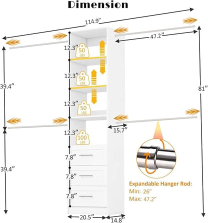 Closet Organizer System with Drawers, Wall Mounted 5FT-9FT White | 3 Wooden - Image 2