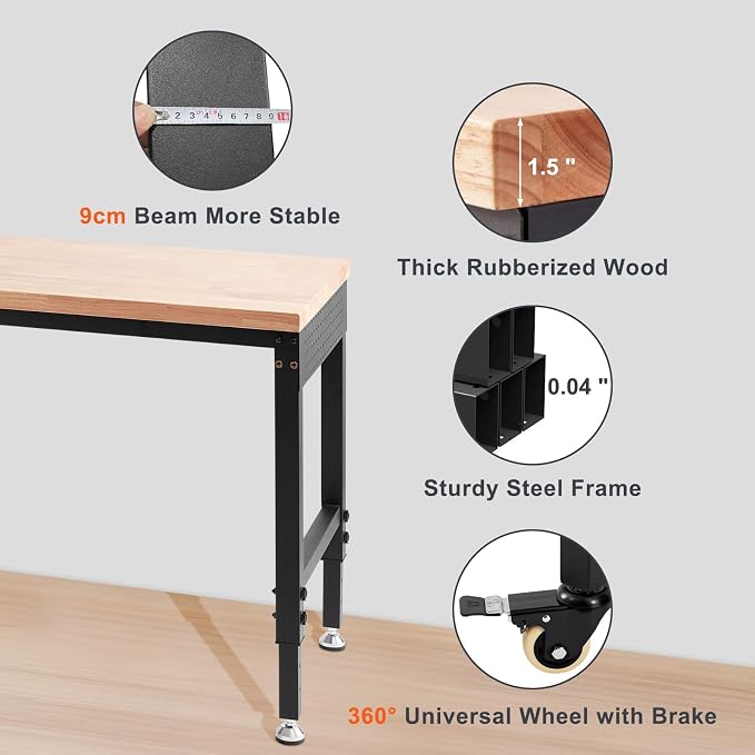 VEVOR Workbench for Garage 72" Adjustable Workbench, Heavy-Duty Hardwood - Image 4