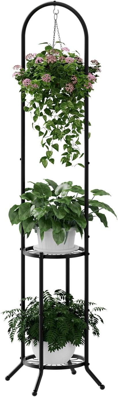 2-tier Hanging Plant Stand Indoor and Outdoor, Space-Saving Iron Plant Shelf by PULIJIAJU