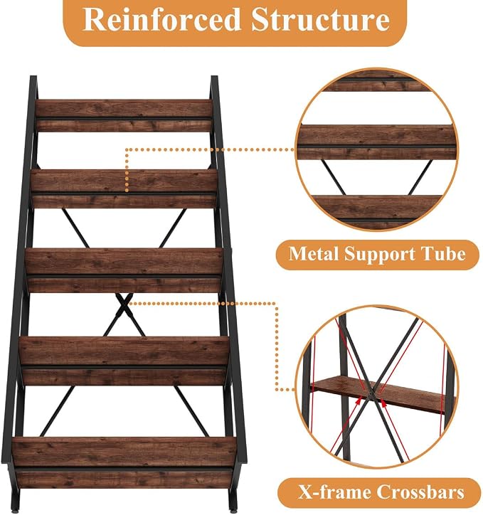 BON AUGURE Ladder Shelf Bookcase, 5-Tier Industrial Ladder Bookshelf, Tall - Image 4