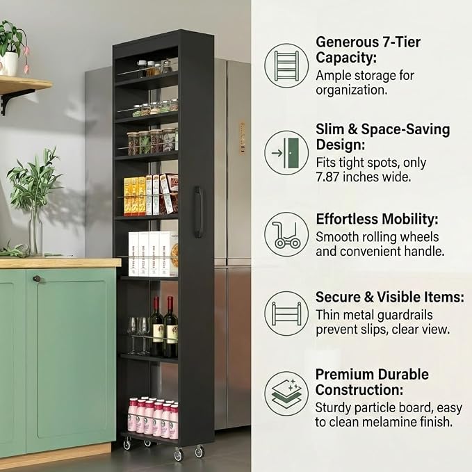 Slim Rolling Storage Cart, 7-Tier Pull-Out Spice Rack - Image 4