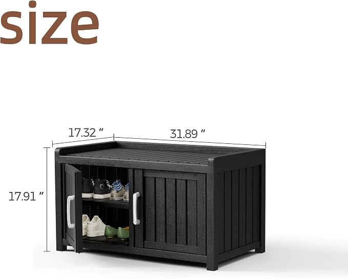 2-Tier Storage Bench, 2 Doors Waterproof Resin Shoe Bench - Image 2
