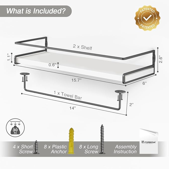 Forbena White Floating Shelves for Bathroom Organizer Over Toilet, Bathroom - Image 3