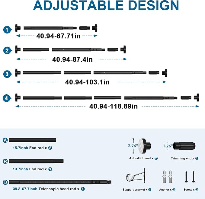 AIZESI 41-118 Inch Heavy Duty Black Tension Curtain Rod - Image 4