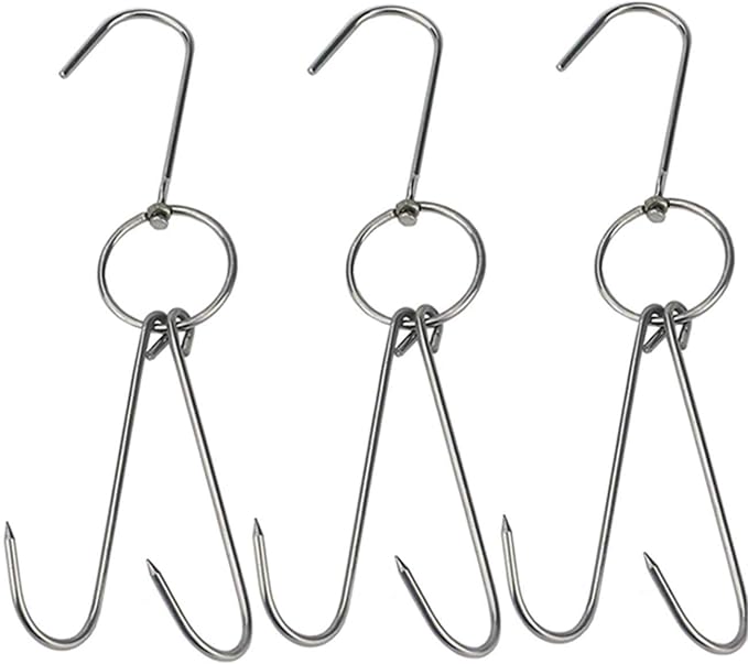 TIHOOD 3 PCS 9.4" Stainless Steel Double Meat Hooks Roast Duck Bacon Shop Hook by Tihood