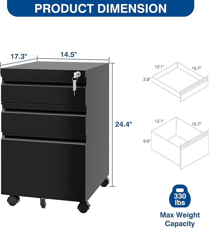 3 Drawer Mobile Metal File Cabinet, Pre-Built Office Storage File Cabinet - Image 2