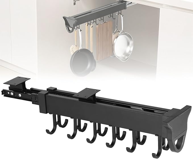 Homaisson Pull Out Hanging Pot Rack, 12-Hook Extendable Sliding Rail Organizer by Homaisson