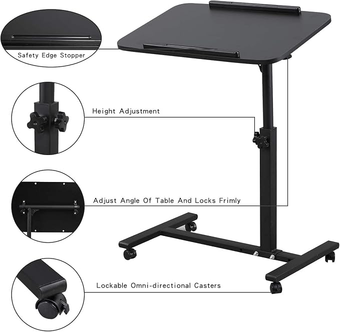 Bed Desk Adjustable Overbed Bedside Table Rolling Laptop Tray Desk Cart Height - Image 4