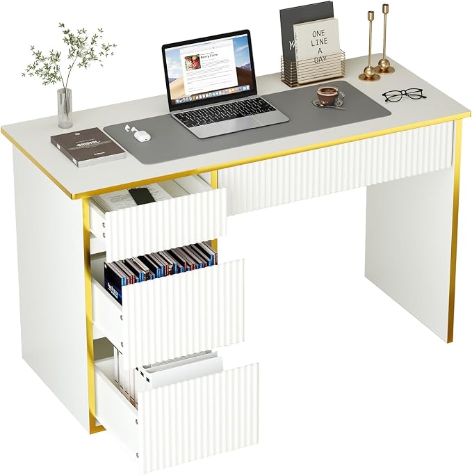4 EVER WINNER White Desk with Drawers with Hidden Handle, 47 Inch Computer - Image 7
