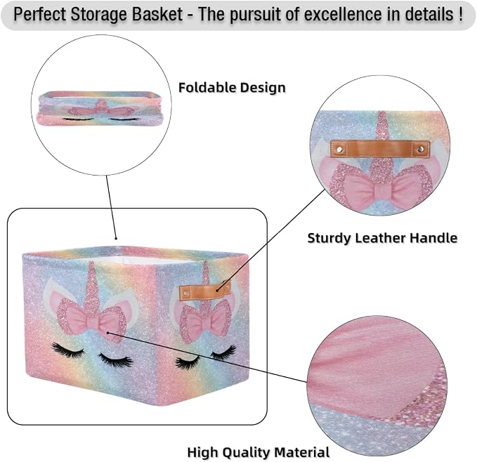 Pardick Unicorn Face Pink Basket Storage Bins Large Fabric Toys Storage Cube Box - Image 6