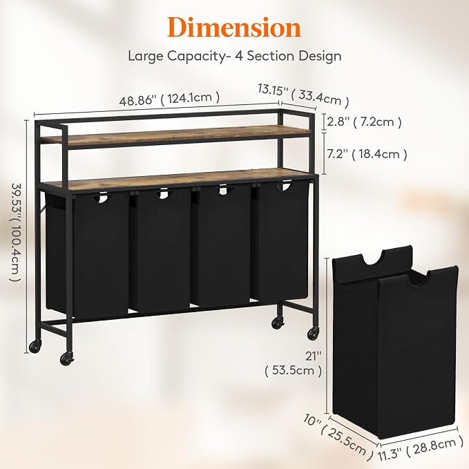 Lifewit Laundry Hamper 4 Section, 168L Pull out Laundry Clothes Basket Organizer - Image 3