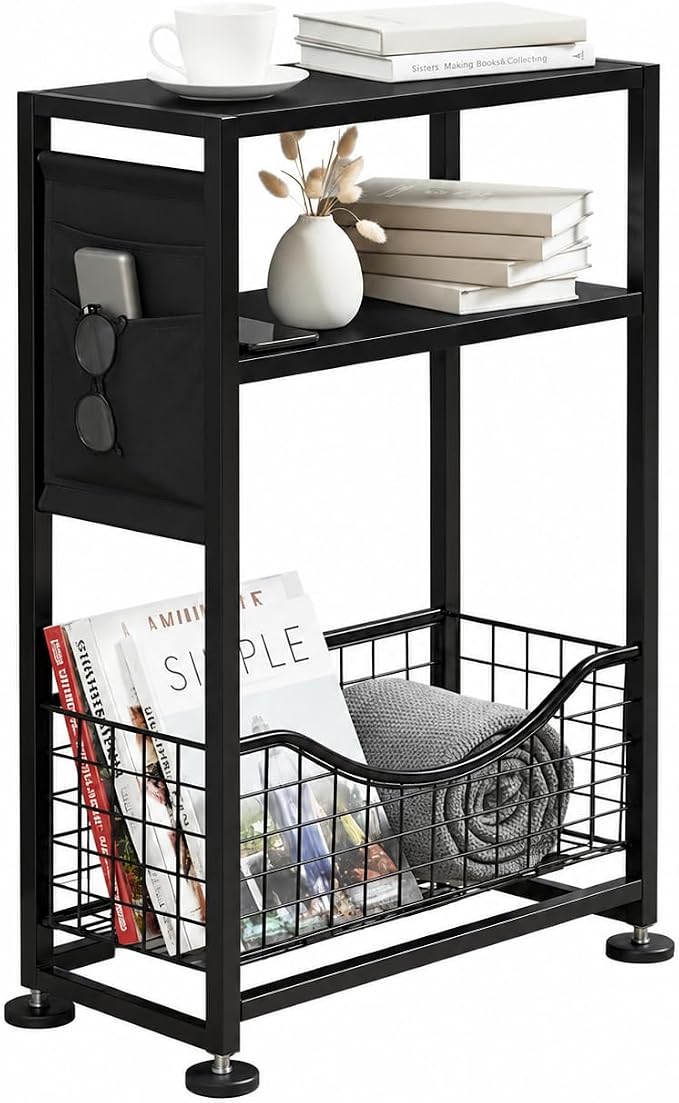Skinny Side Table with Storage, 3 Tier Slim Side Tables by Zexvida