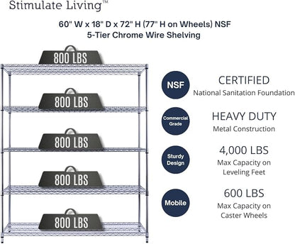 60"x18"x72" PRIME HEAVY DUTY Chrome 5-Tier Wire Shelving 4000 LBS MAX Capacity - Image 3