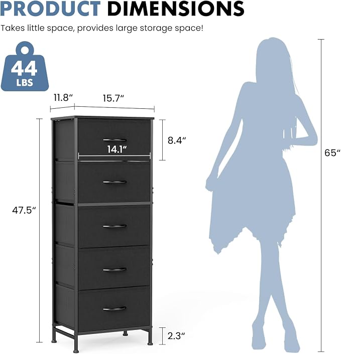 DUMOS Nightstand with 5 Drawers Bedside Table with Removable Fabric Bins Sturdy - Image 3