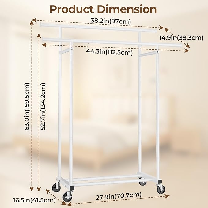 HYSEYY Double Rods Clothes Rack, Rolling Clothing Rack - Image 7