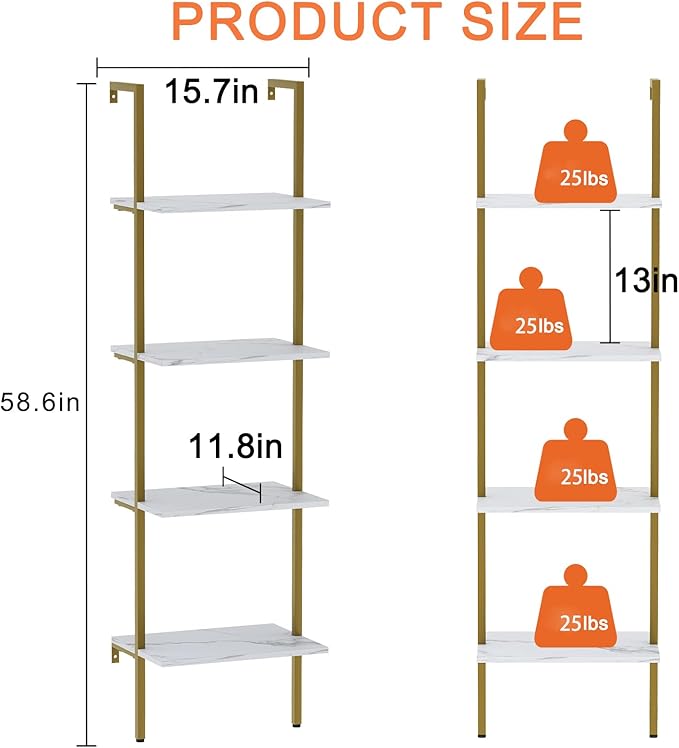Ladder Shelf 4 Tiers Metal Industrial Bookshelf, Wall Mount Wide Book Case - Image 3