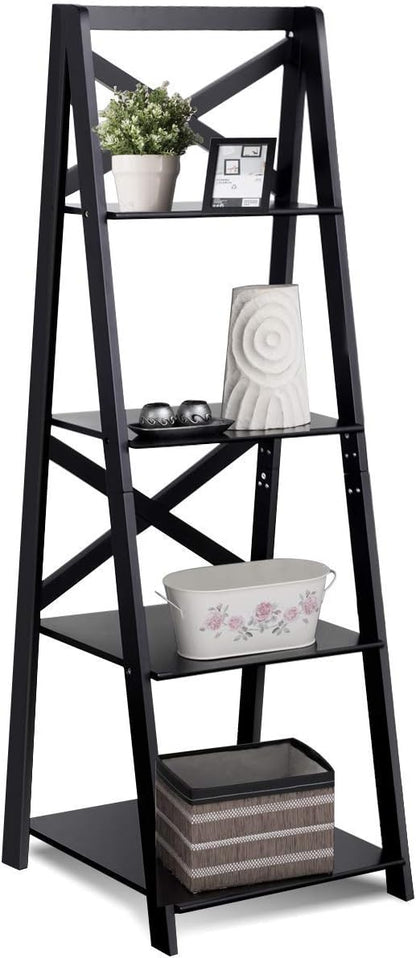 Tangkula 4-Tier Ladder Shelf Bookcase Leaning Free Standing Wooden Frame Decor - Image 9