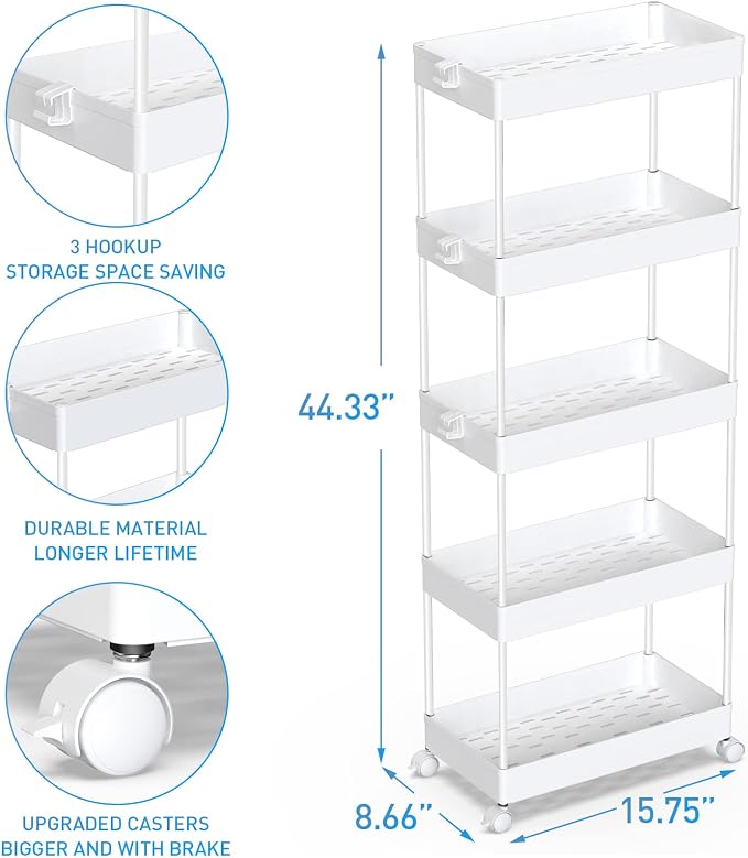 SPACEKEEPER 5-Tier Storage Cart Organizer Rolling Utility Cart, Mobile Shelving - Image 2