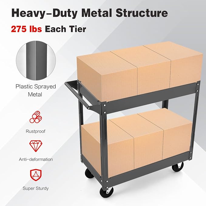 Goplus 2-Tier Utility Cart, Heavy Duty Commercial Service Tool Cart w/Handle - Image 3