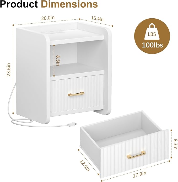 Night Stand with Charger Station, Fluted Wood Nightstand with Drawer Storage - Image 4