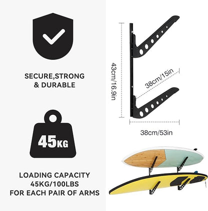 2 Board Surf Rack Wall Mount for Surfboard, Snowboard Storage Adjustable Wall - Image 2