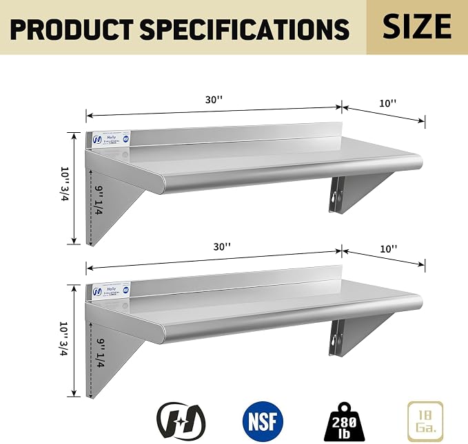 Hally Stainless Steel Shelf Wall Mounted Metal Shelf Wall Shelf 10 x 30 NSF - Image 3