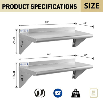 Hally Stainless Steel Shelf Wall Mounted Metal Shelf Wall Shelf 10 x 30 NSF - Image 3