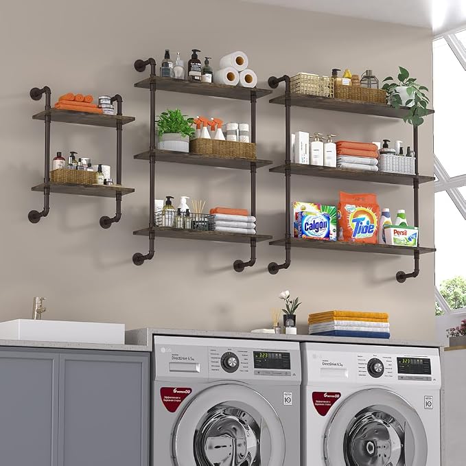 Helsin 2 Tier Industrial Pipe Floating Bathroom Shelves, 16inch Rustic Wood - Image 7