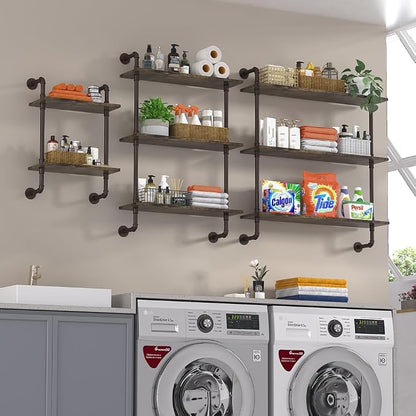 Helsin 2 Tier Industrial Pipe Floating Bathroom Shelves, 16inch Rustic Wood - Image 7