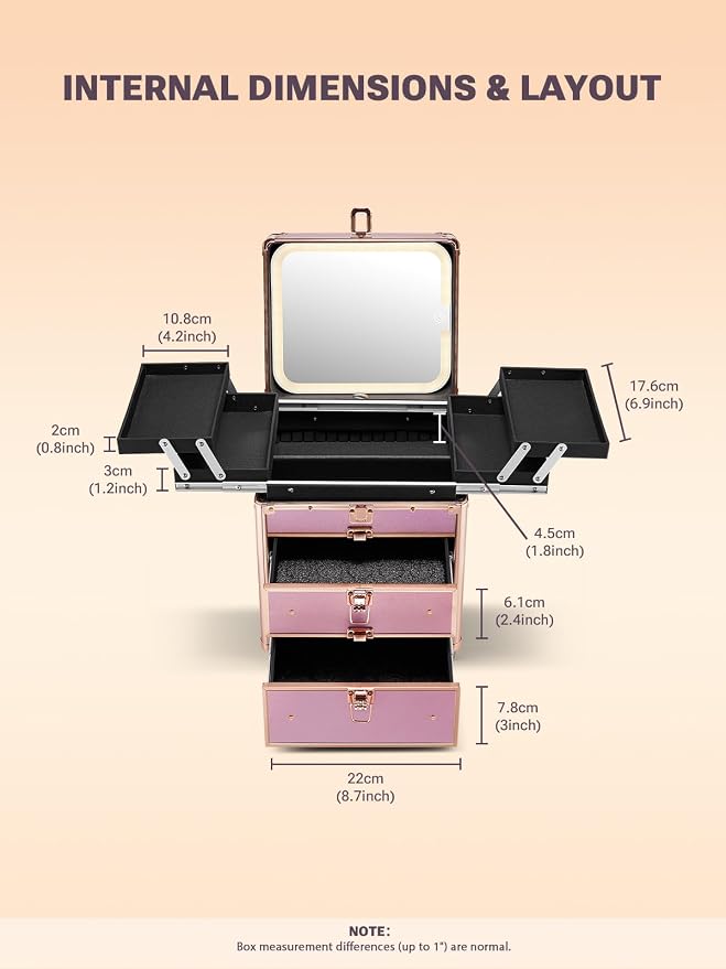 Qislee Makeup Box with Double Drawers and Four Trays, Detachable Lighted Mirror - Image 5