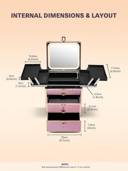 Qislee Makeup Box with Double Drawers and Four Trays, Detachable Lighted Mirror - Image 5