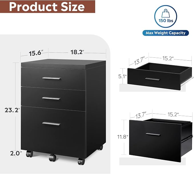 DEVAISE 3 Drawer File Cabinet for Home Office, Wood Under Desk Filing Cabinet - Image 3