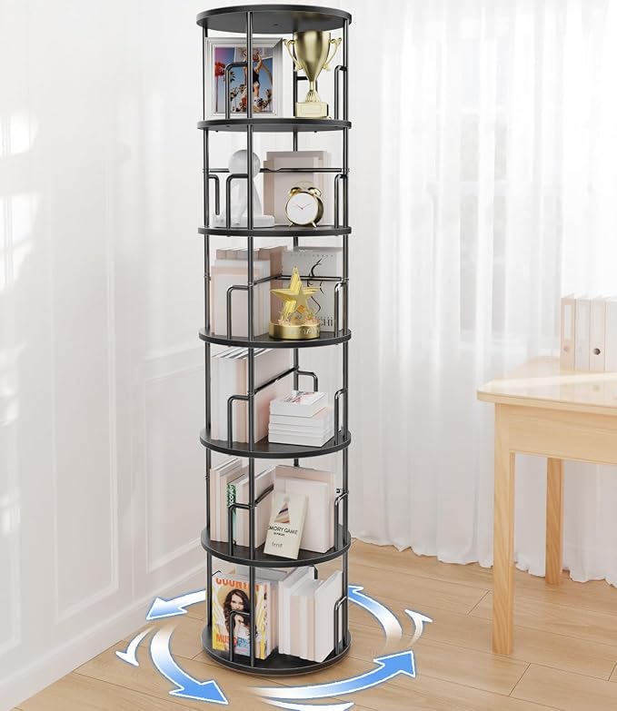6 Tier Rotating Bookshelf Tower Round Black, 74”Tall Spinning Bookshelf Tower by Amzeth