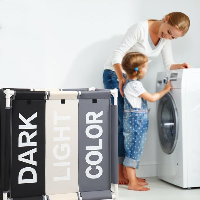 Laundry Basket 3 Section Freestanding Laundry Hamper Dirty Clothes Basket Sorter - Image 7