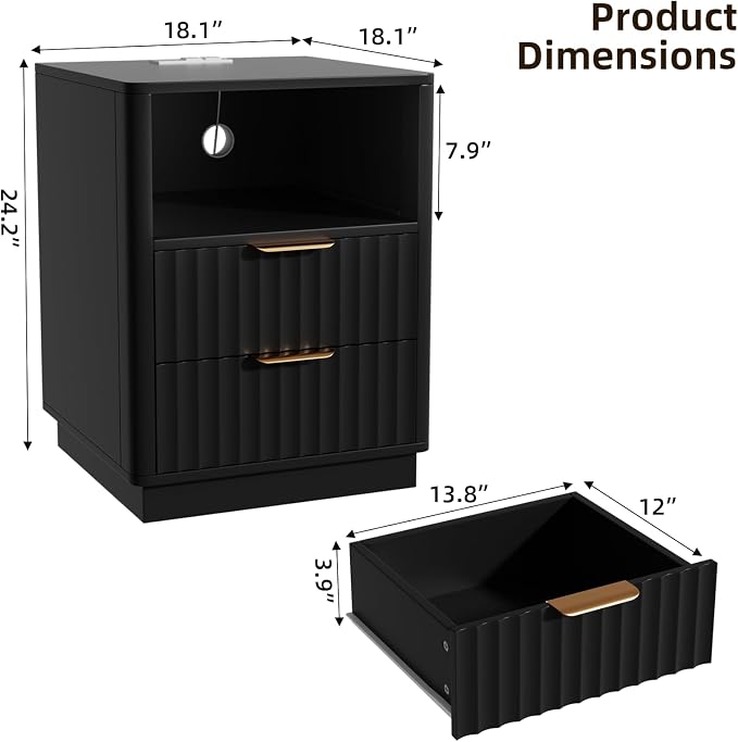 VOWNER Fluted Nightstand with Charging Station, 18” RGB Night Stand with 2 - Image 2