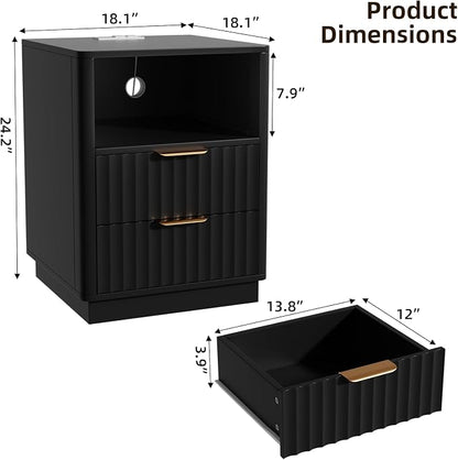 VOWNER Fluted Nightstand with Charging Station, 18” RGB Night Stand with 2 - Image 2