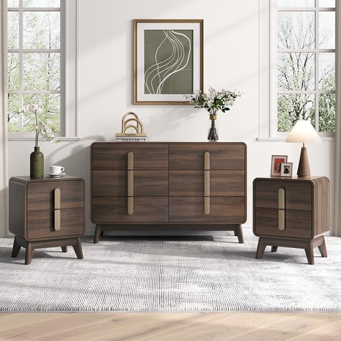 Mid Century Modern Bedroom Set, 6 Drawer Dresser and Nightstand Sets by Joinice