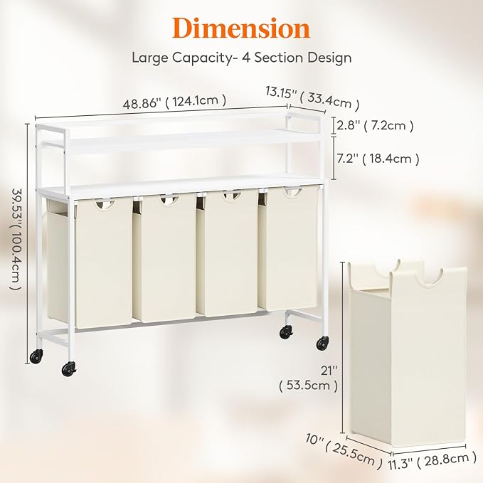 Lifewit Laundry Hamper 4 Section, 168L Pull out Laundry Clothes Basket Organizer - Image 3