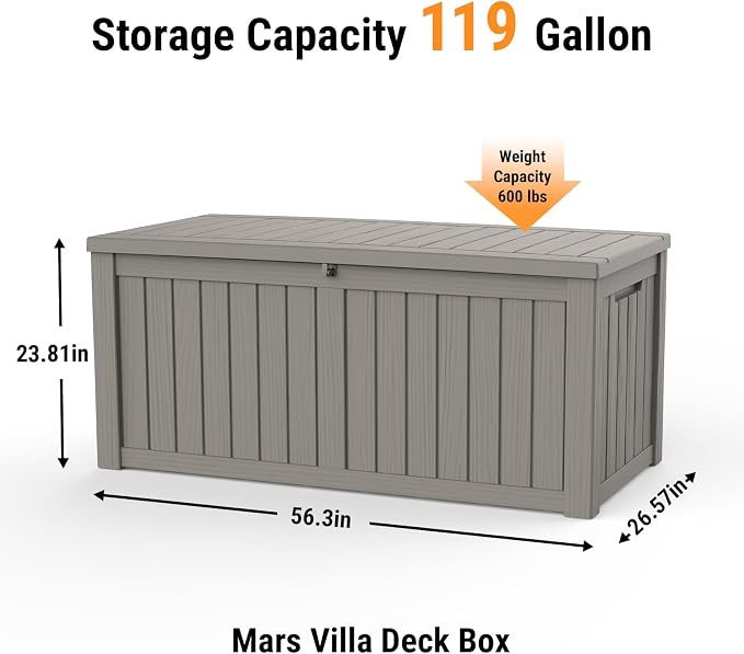Mars Villa 119 Gallon Outdoor Storage Box Waterproof, Large Resin Deck Box - Image 3