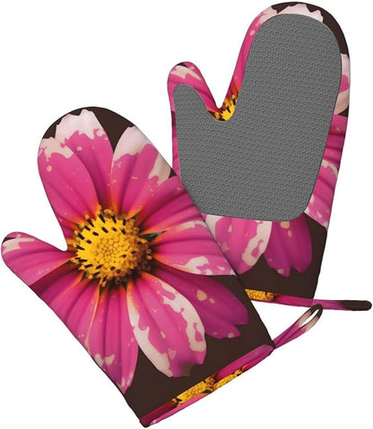 Flower Print Oven Mitts Set of 2, Heat Resistant Silicone Oven Mittens Gloves - Image 3