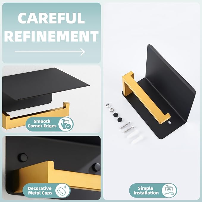 Toilet Paper Holder with Phone Shelf Black & Gold, APLusee 304 Stainless Steel - Image 9
