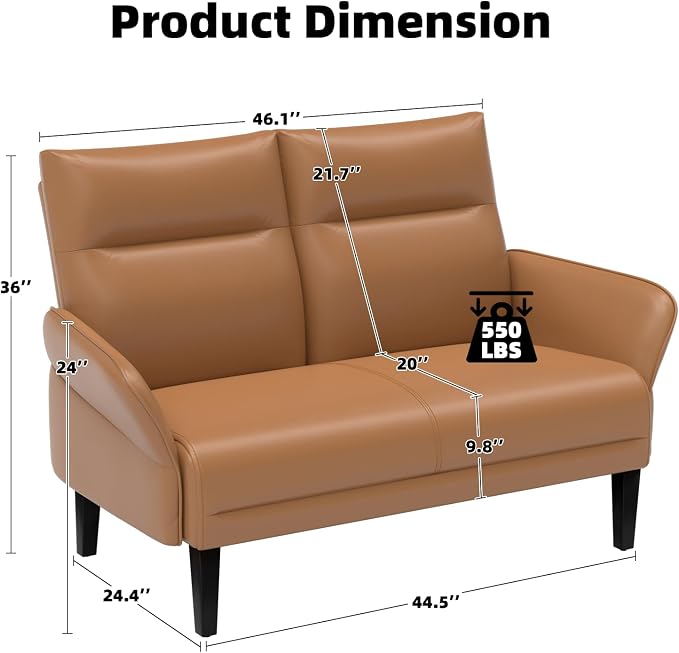 Faux Leather Loveseat with Wide Armrests, Slanted Shawl Arm 2-Seater Sofa - Image 2