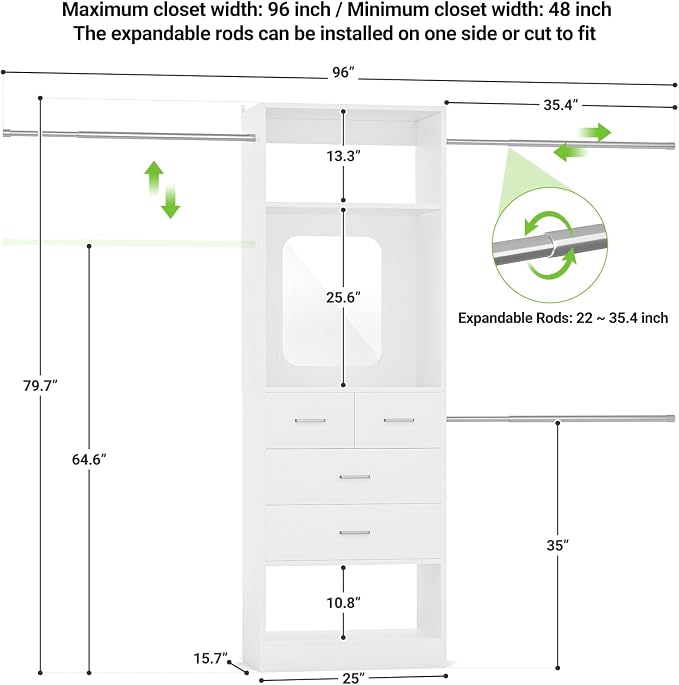 Unikito 8FT Closet System with Mirror and 3 Extendable Hanging Rods, Sturdy - Image 7